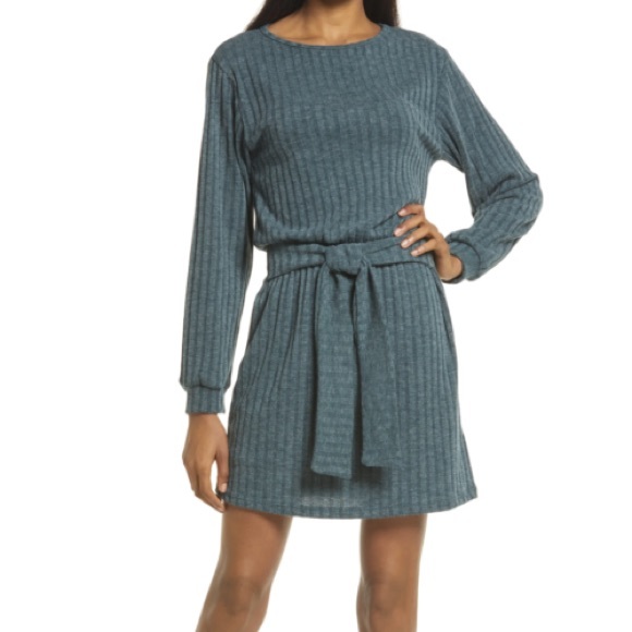 Fraiche By J Tie Front Long Sleeve Dress In Heather Green size S - Picture 2 of 8